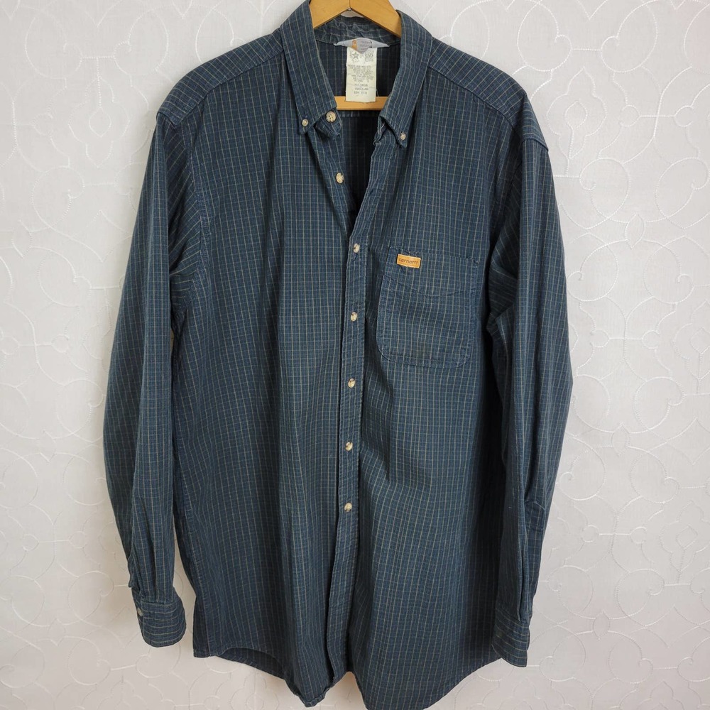 Vintage‎ Carhartt Mens Shirt Size XL Blue Button Down Collared Long Sleeves